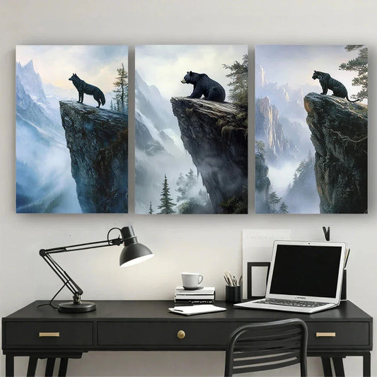 3pcs Snowy Mountain Animals Bear Wolf Tiger Metal Print Ready to Hang Art