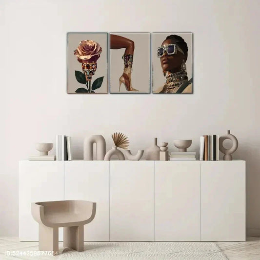 3pcs Golden Rose Art Poster Exquisite Female Metal Print Ready to Hang Art