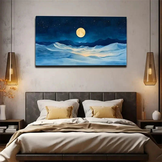Moonlit Night Sky Snow-Capped Wall Art Canvas Office Home Room Framed 120x60cm