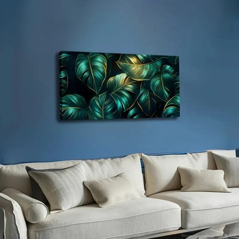 Vibrant Green Leaves & Golden Wall Art Canvas Office Home Room Framed 120x60cm