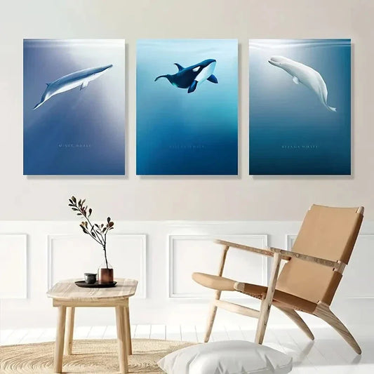 3pcs  Sea Life White Black Blue Whale Animal   Metal Print Ready to Hang Art