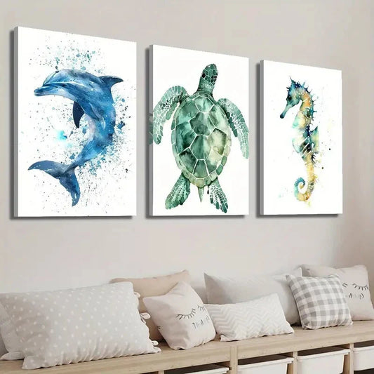 3pcs Pacific Dolphin Green Turtle and Seahorse Wall Art Set Canvas Framed 40x60cm - High Quality Print 100% Australian Made Wall Canvas Ready to Hang