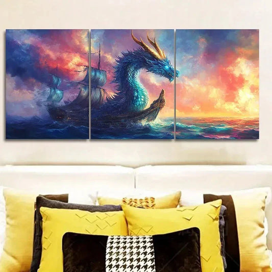 3pcs  Blue Dragon on Boat Wall Art Set Canvas Framed 40x60cm - High Quality Print 100% Australian Made Wall Canvas Ready to Hang