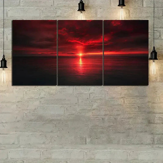 3pcs Red Sunset Ocean Red Clouds Metal Print Ready to Hang Art