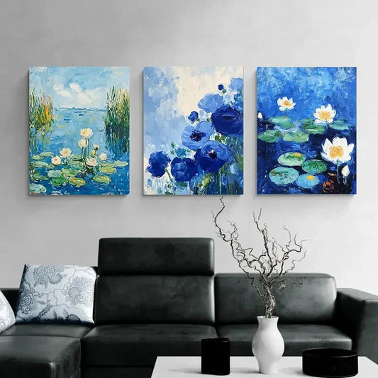 3pcs Vibrant Water Lilies & Lavender Designs Metal Print Ready to Hang Art