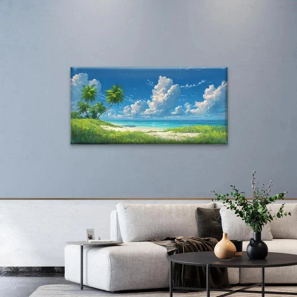 Palm Trees & Sandy Shore Wall Art Canvas Office Home Room Framed 80x45cm
