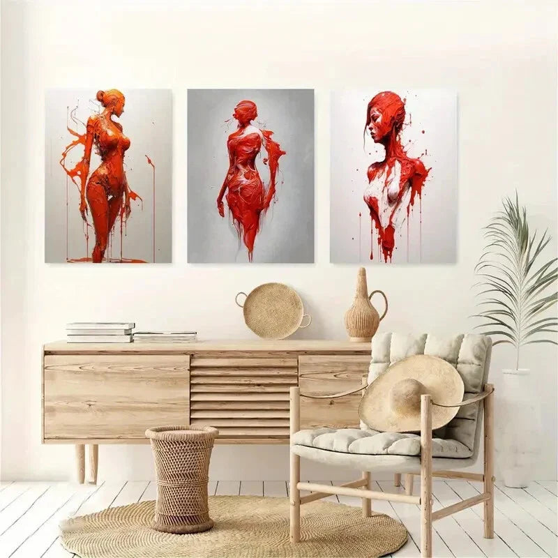 3pcs Abstract Female Red Body Metal Print Ready to Hang Art