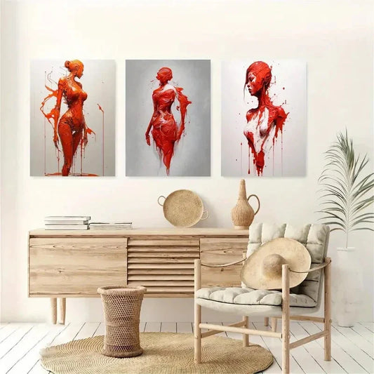 3pcs Abstract Female Red Body Metal Print Ready to Hang Art