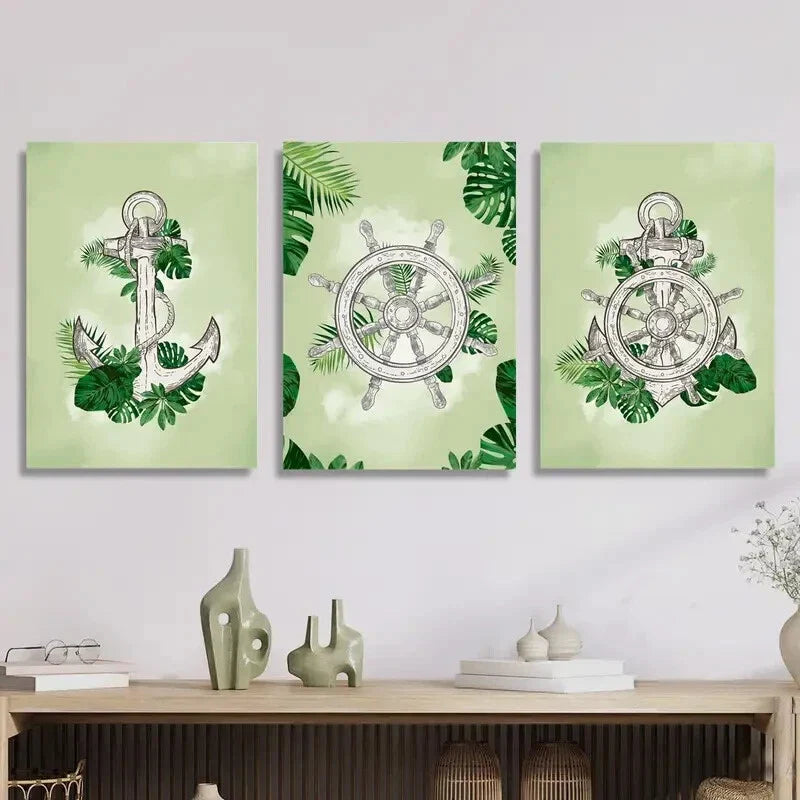3pcs   helm and anchor on plant leaves  Metal Print Ready to Hang Art