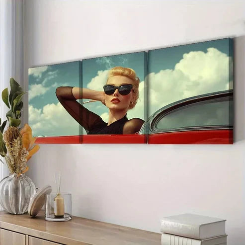 3pcs Woman in black sunglass leaning on a car Wall Art Set Canvas Framed 60x90cm - High Quality Print 100% Australian Made Wall Canvas Ready to Hang