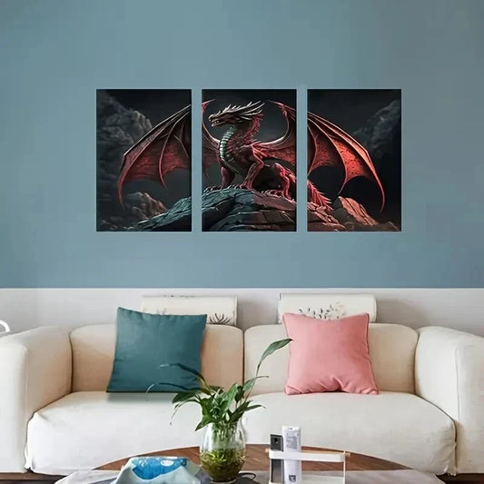 3pcs Fantasy Dragon Wild Animals Paintings   Metal Print Ready to Hang Art
