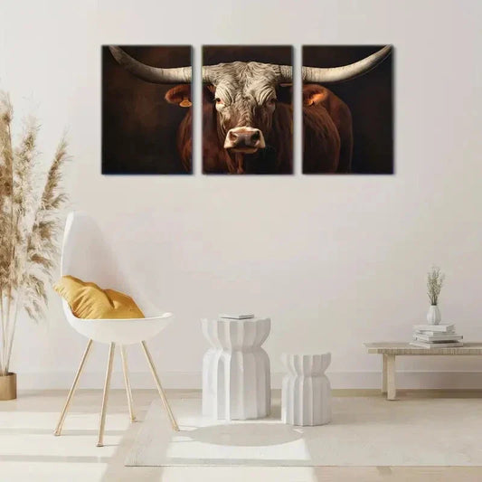 3pcs Texas Longhorn Cattle In A Portrait Style Metal Print Ready to Hang Art