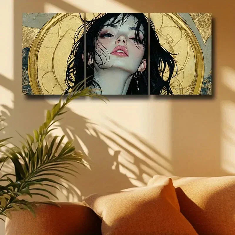 3pcs Pretty Woman with Golden Background Metal Print Ready to Hang Art
