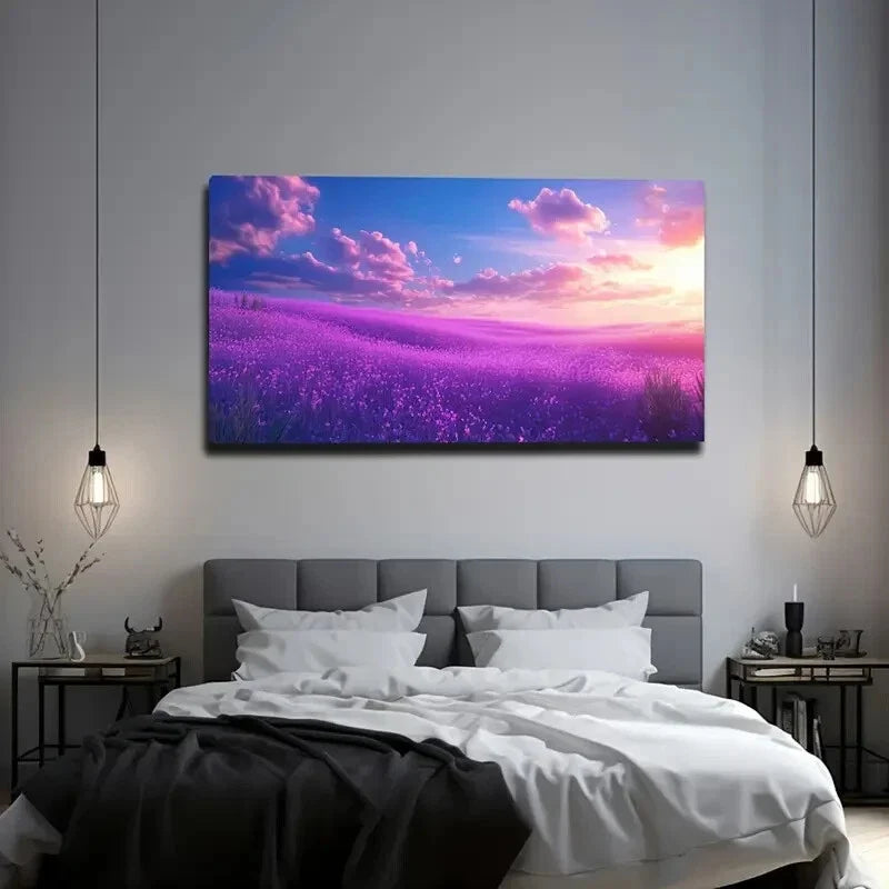 Vibrant Lavender Field Sunset Wall Art Canvas Office Home Room Framed 120x60cm
