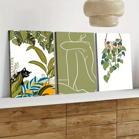3pcs Abstract Classic Modern Botanical Black Cat Wall Art Set Canvas Framed 40x60cm - High Quality Print 100% Australian Made Wall Canvas Ready to Hang
