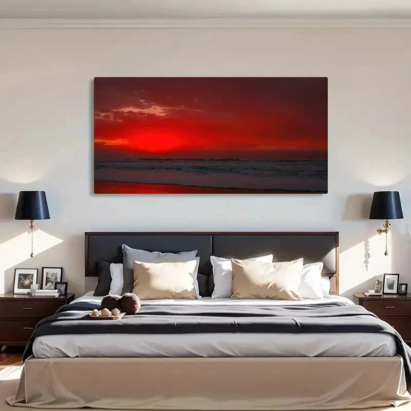 Vibrant Red Evening Scenery Wall Art Canvas Office Home Room Framed 120x60cm