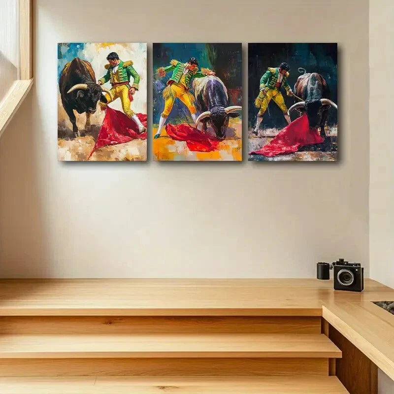 3pcs Vibrant Matador Bullfight Metal Print Ready to Hang Art