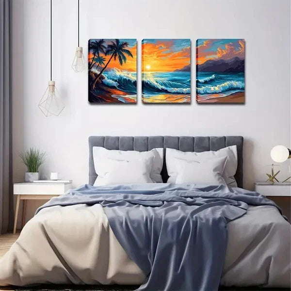 3pcs Coastal Landscape with Palm Trees & Ocean , Wall Art Set Canvas Framed 60X90cm - High Quality Print 100% Australian Made Wall Canvas Ready to Hang