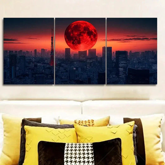 3pcs The moon over the city Wall Art Set Canvas Framed 40x60cm - High Quality Print 100% Australian Made Wall Canvas Ready to Hang
