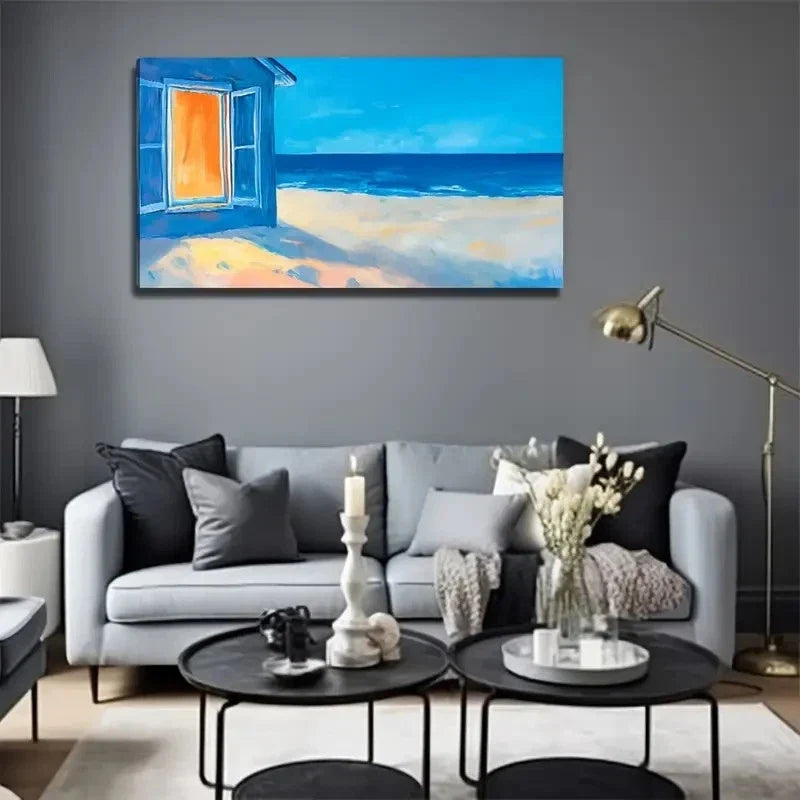 Coastal Open Window Beach Wall Art Canvas Office Home Room Framed 80x45cm