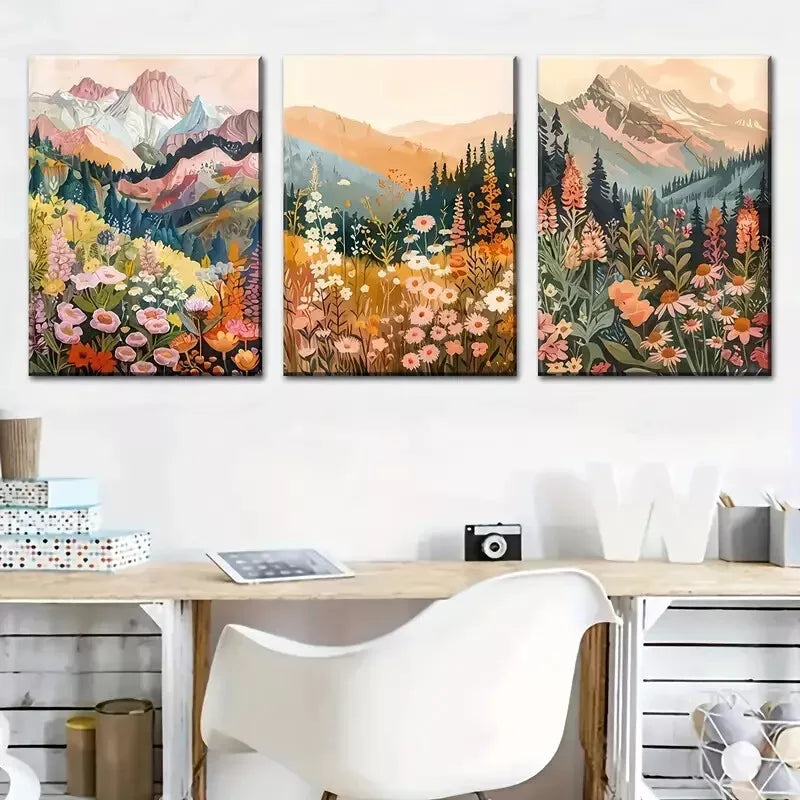 3pcs Abstract Art of Mountain And Flower Paint  Wall Art Set Canvas Framed 40x60cm - High Quality Print 100% Australian Made Wall Canvas Ready to Hang