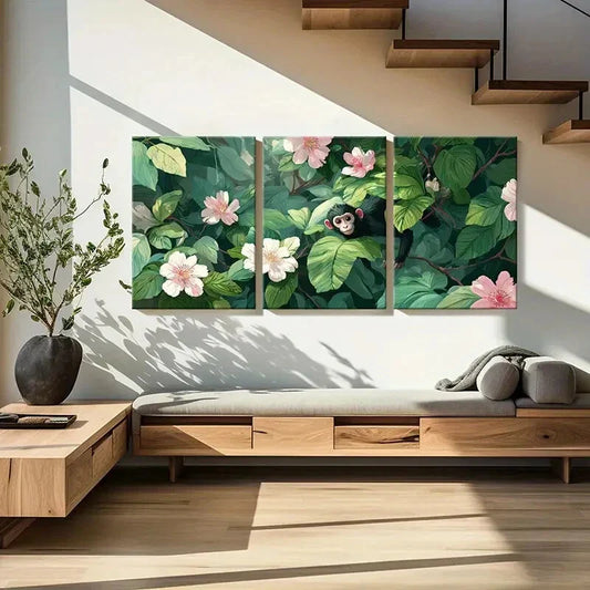 3pcs Jungle Scene Monkey Amidst Lush Greenery Metal Print Ready to Hang Art