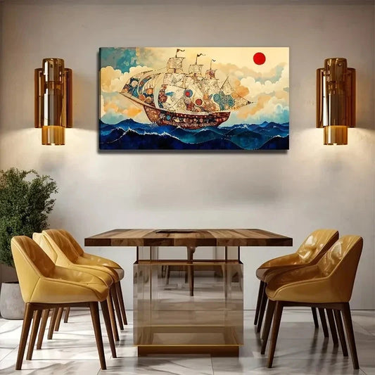 Sailboat On The Sea Red Sun Wall Art Canvas Office Home Room Framed 120x60cm