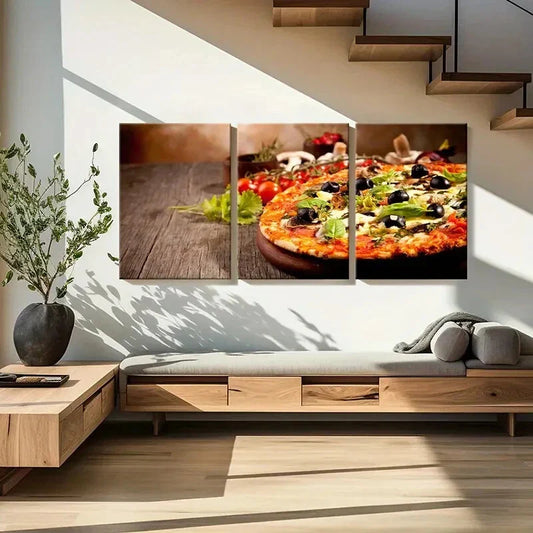 3pcs Food Art, Pizza, Modern Kitchen Metal Print Ready to Hang Art