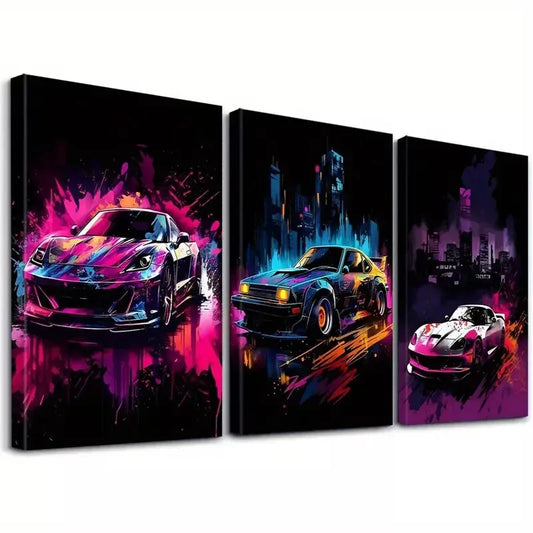 3pcs Neon Decorative Graffiti Style Sports cars Wall Art Set Canvas Framed 40x60cm - High Quality Print 100% Australian Made Wall Canvas Ready to Hang