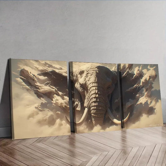 3pcss Elephant Design, Charging With Dust   Wall Art Set Canvas Framed 40x60cm - High Quality Print 100% Australian Made Wall Canvas Ready to Hang