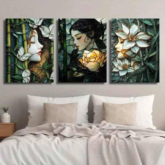 3pcs Stained Glass Style Girl Botanical & Floral Metal Print Ready to Hang Art