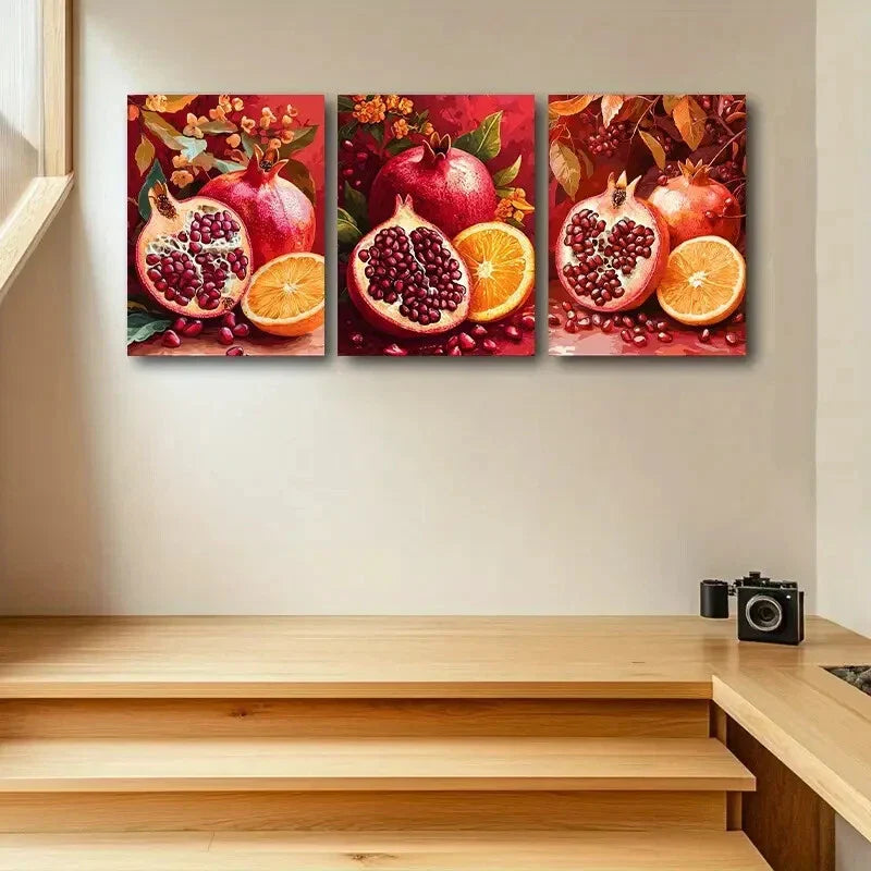 3pcs Delicious Pomegranate and Orange Metal Print Ready to Hang Art
