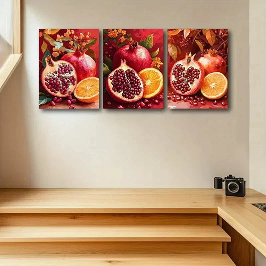 3pcs Delicious Pomegranate and Orange Metal Print Ready to Hang Art