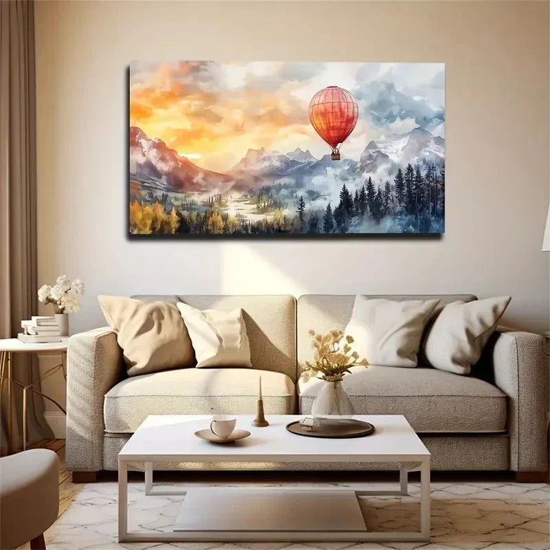 Vibrant Red Hot Air Balloon Wall Art Canvas Office Home Room Framed 120x60cm