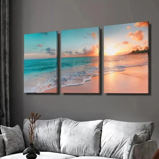 3pcs Sunrise Coast Beach Blue Sea Scenery Wall Art Set Canvas Framed 40x60cm - High Quality Print 100% Australian Made Wall Canvas Ready to Hang
