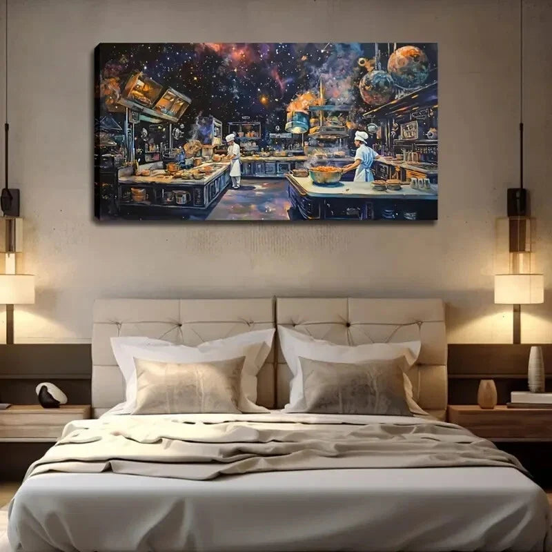 Vibrant Cosmic Kitchen Scene Wall Art Canvas Office Home Room Framed 120x60cm