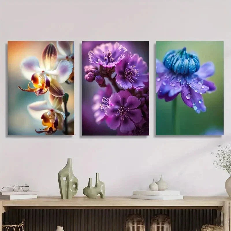 3pcs Orchid, Purple & Blue Flowers plant  Metal Print Ready to Hang Art