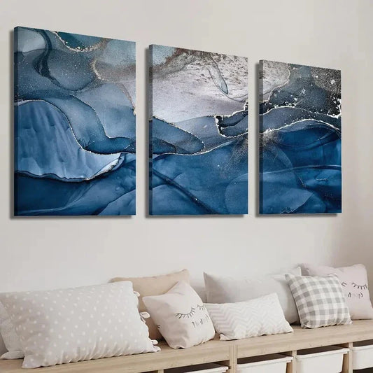 3pcs Abstract Blue and Golden Marble Texture Wall Art Set Canvas Framed 40x60cm - High Quality Print 100% Australian Made Wall Canvas Ready to Hang