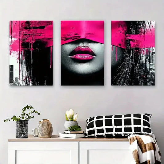 3pcs Vibrant Pink & Black Blindfolded Woman Metal Print Ready to Hang Art