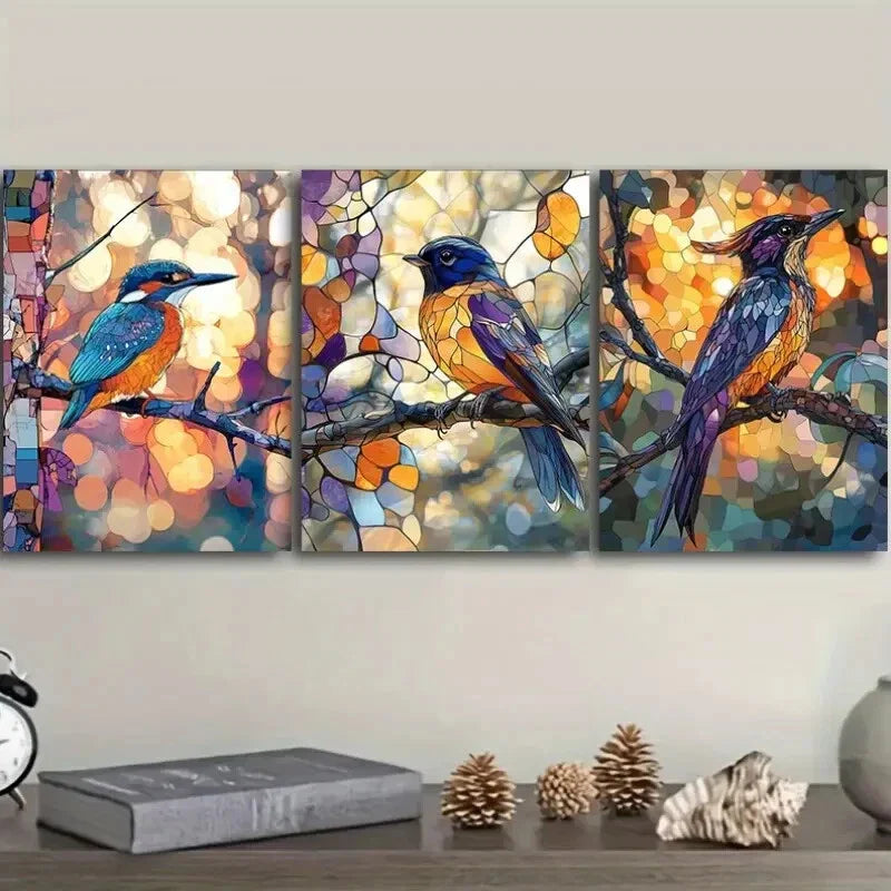 3pcs Stained Glass Bird, Luxurious Wall Art Set Canvas Framed 40x60cm - High Quality Print 100% Australian Made Wall Canvas Ready to Hang