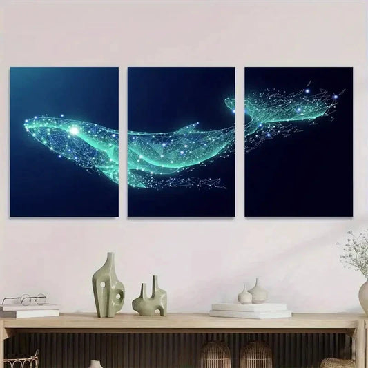 3pcs Glowing Whale with Sparkling Stars & Cosmic Metal Print Ready to Hang Art