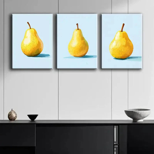 3pcs Vibrant Yellow Pear Design on Blue Background Metal Print Ready to Hang Art