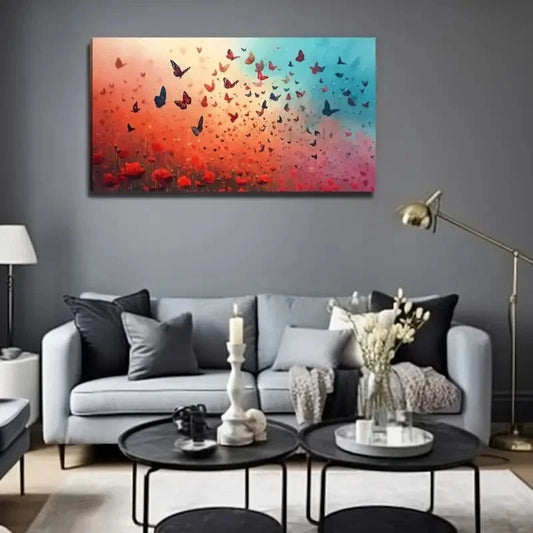 Vibrant Butterfly & Floral Wall Art Canvas Office Home Room Framed 80x45cm