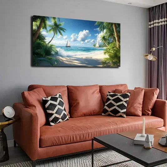 Serene Beach Scene Sailboats Wall Art canvas office home room framed 80x45cm