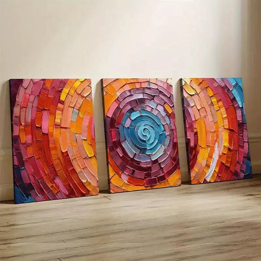 3pcs Vibrant Geometric Stone Brick Circular Wall Art Set Canvas Framed 40x60cm - High Quality Print 100% Australian Made Wall Canvas Ready to Hang