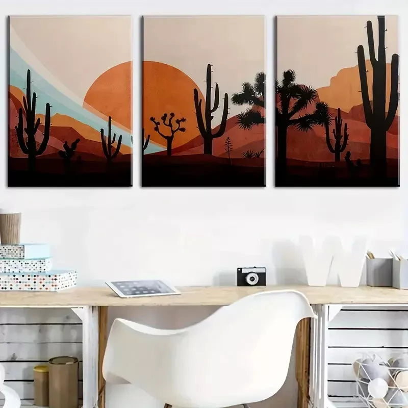 3pcs abstract landscape art, cartoon cactus  Wall Art Set Canvas Framed 40x60cm - High Quality Print 100% Australian Made Wall Canvas Ready to Hang