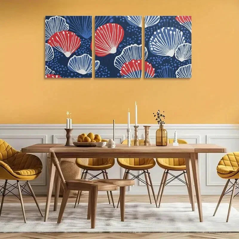 3pcs Blue and Red Abstract with White Accents Metal Print Ready to Hang Art