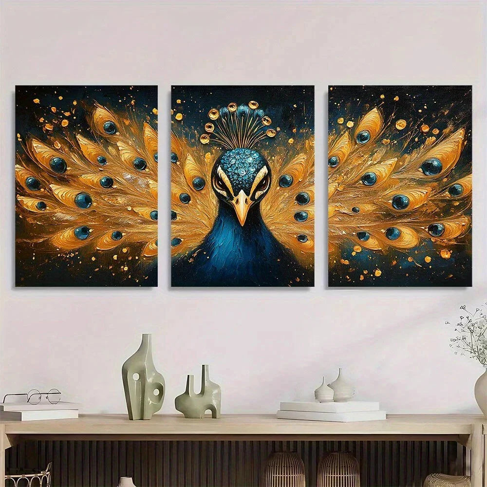 3pcs Elegant Golden Peacock Luxurious Metal Print Ready to Hang Art