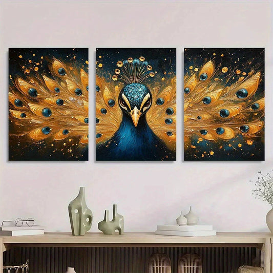3pcs Elegant Golden Peacock Luxurious Metal Print Ready to Hang Art
