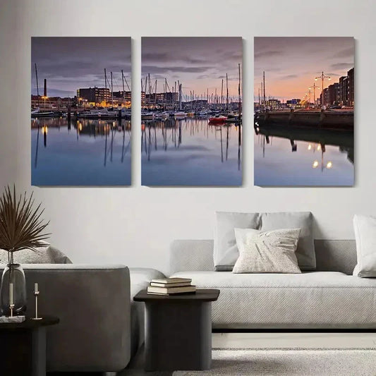3pcs Tranquil Harbor Sunset Serene Marina Metal Print Ready to Hang Art